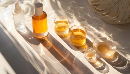 A collection of hydrating skincare products like serums and moisturizers arranged aesthetically on a clean surface with natural light highlighting their textures