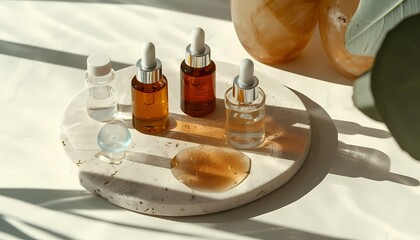 A collection of hydrating skincare products like serums and moisturizers arranged aesthetically on a clean surface with natural light highlighting their textures