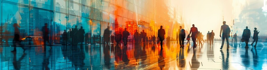 Busy city scene featuring silhouettes of people walking against vibrant, colorful reflections in glass. Perfect for themes of urban life and modernity.