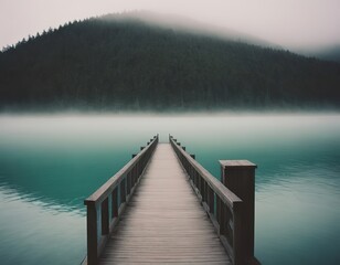 Fototapeta premium A Beautiful Serene Lake View Featuring a Wooden Pier Set Within a Misty Landscape Scene
