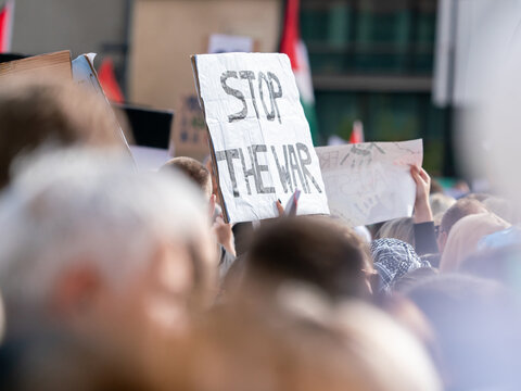 An anonymous crowd holding Palestinian flags