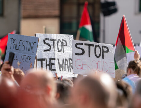 An anonymous crowd holding Palestinian flags