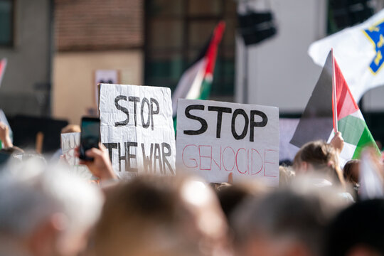 An anonymous crowd holding Palestinian flags