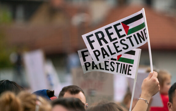 An anonymous crowd holding Palestinian flags