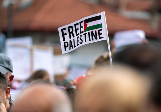 An anonymous crowd holding Palestinian flags