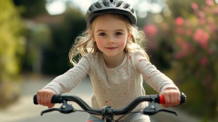 Obraz premium A young girl is riding a bike with a helmet on