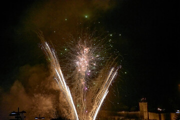 Fireworks Display at Fiesta de la Anunciada in Bayona with Parador Backdrop