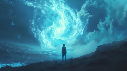 Obraz premium A solitary figure stands in awe of a mesmerizing cosmic swirl and dramatic clouds, evoking a sense of wonder and exploration in this surreal landscape.
