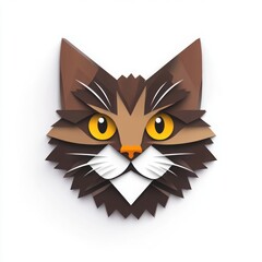 Fototapeta premium logo design, paper cut style, cute cat head with yellow eyes, brown fur, white background