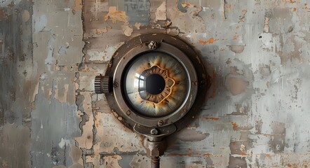 Unique steampunk-inspired eye sculpture mounted on a distressed wall adds character. Perfect for art enthusiasts or vintage decor lovers.