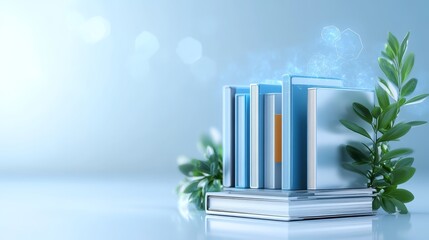 Books and Plants on Light Blue Background