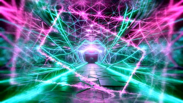 linear neon lighting, tunnel projection with broken lines with moving neon projection screen