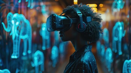 A woman experiences immersive VR technology, surrounded by digital elephants.