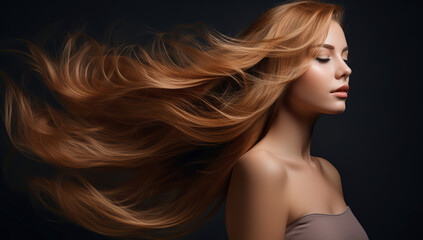 Naklejka premium Beautiful woman with long shiny golden hair flowing in the wind, hair care concept