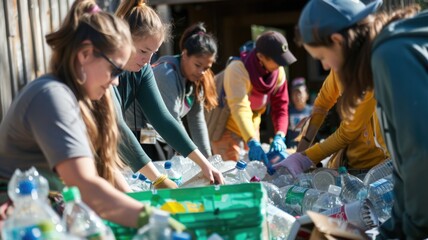 A community group sorting recyclable materials collected during a cleanup event