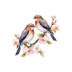 Watercolor two birds perched on a flower branch vector ilustration, white backgorund