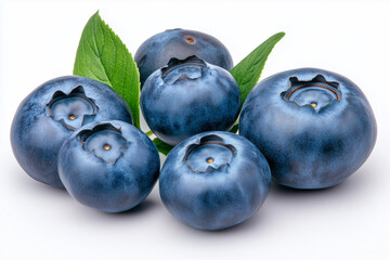 Obraz premium A bunch of blueberries with green leaves. The blueberries are small and round