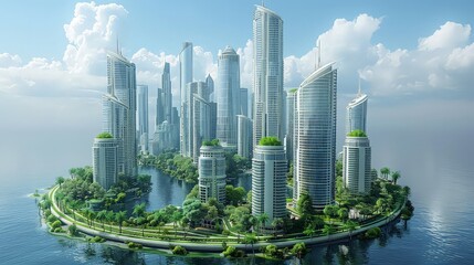 Fototapeta premium Megapolis. Skyscrapers stay closely on the island. ai generated