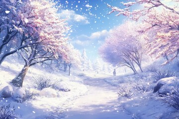 Winter's Cozy Embrace: A High-Resolution Hand-Drawn Illustration of Nature's Tranquil Repose in the Snow, Interpreting the Season's Charm with Bright and Welcoming Warmth in Anime Style.