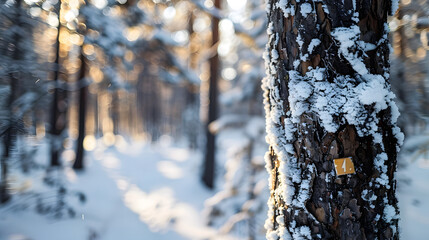 Fototapeta premium Detailed image of tree trunk with snow and trail signal with blurred snowy forest backdrop