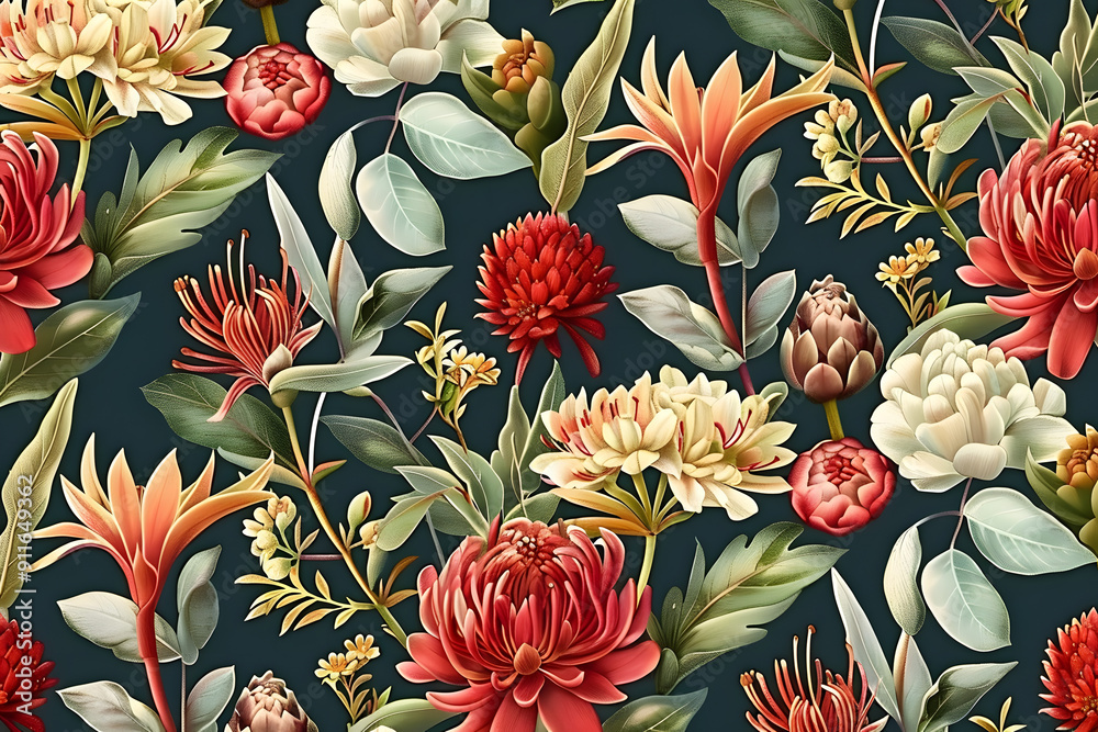 Wall mural Seamless pattern of native Australian flowers, featuring eucalyptus, waratah, and kangaroo paw, Australia, flowers, eucalyptus, waratah, seamless