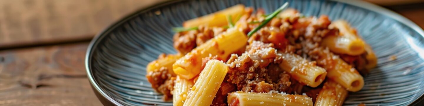 Close up of traditional casarecce al bronzo al rag Italian pasta with minced meat tomato ragu sauce on Nordic design plate