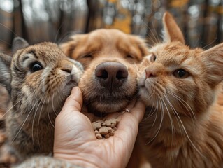 Obraz premium Golden Retriever, Cat and Rabbit Snuggling