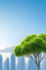 A majestic tree overlooking a bustling city skyline at sunrise