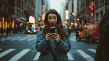 Obraz premium Excited woman in blue jacket reacting to phone