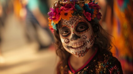 Fototapeta premium Close-up portrait of a child wearing a sugar skull makeup for day of the dead celebration