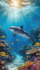 Fototapeta premium A lively underwater world features a dolphin navigating a stunning coral reef teeming with vibrant fish and corals, as sunbeams pierce the turquoise waters
