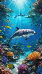 Fototapeta premium A dolphin swims gracefully through a vibrant coral reef, surrounded by colorful fish and sunlight filtering through the crystal-clear water, creating a mesmerizing underwater scene
