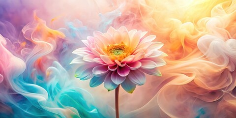 Obraz premium A vibrant abstract chrysanthemum flower in pastel colors filled with colorful ethereal swirls of smoke and clouds. Ideal for spiritual, wellness and meditation themes. Magic and mysterious background