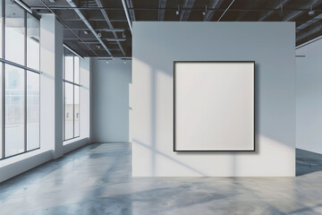 Modern white art gallery interior with blank picture or canvas frame. Empty canvas mock up in the museum. 
