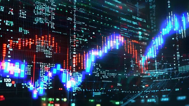 Dynamic digital display of stock market trends with illuminated data points and trading statistics