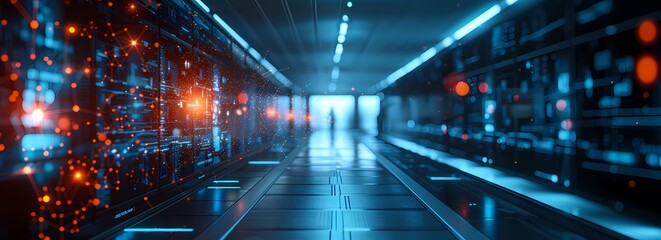 Fototapeta premium A sleek, futuristic data center corridor illuminated by blue and orange lights, symbolizing advanced technology and digital transformation.
