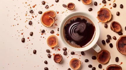 Obraz premium Overhead view of a cup of black coffee with mushroom slices and scattered coffee beans . Unique blend of coffee and fungi for creative concepts