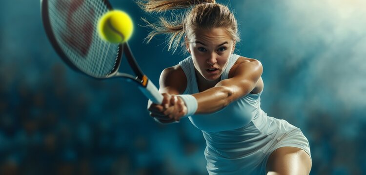 Focused female tennis player hitting a backhand shot during an intense match on a professional court with a blurred background.