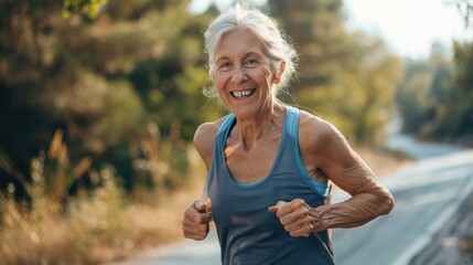 Smiling senior woman jogging on rural road
