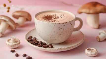 Mushroom Coffee in Speckled Ceramic Cup. A creamy cup of mushroom coffee in a speckled ceramic cup and saucer, surrounded by coffee beans and fresh mushrooms on a pastel background