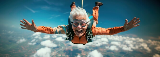 Senior Woman Skydiving with Exhilaration
