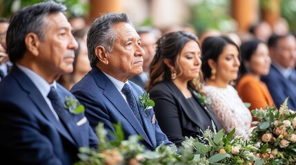 Emotional moment captured during a wedding ceremony with guests seated and engaged in the celebration.