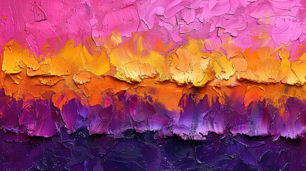 Vibrant abstract painting with rich texture, featuring bold layers of purple, orange, and pink hues blending together seamlessly.