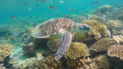 A large sea turtle swims among the corals surrounded by fish