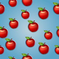 Red apples on blue background. Fruit seamless pattern