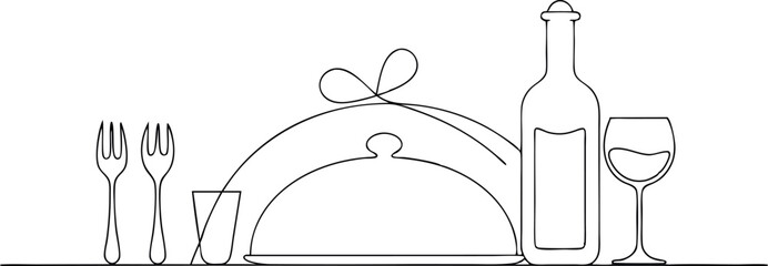 Continuous Line Drawing of Table Setting with Wine Bottle