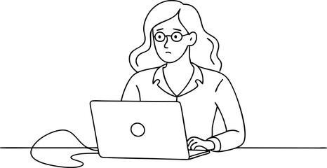Woman Working on Laptop in Black and White Illustration