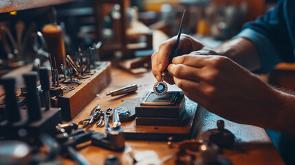 Fototapeta premium A master jeweler skillfully setting gems into a jewelry piece, with a focus on a sapphire diamond ring amidst a workshop laden with professional tools