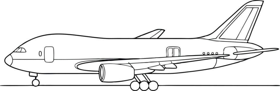 Black and White Outline of Commercial Airplane Side View