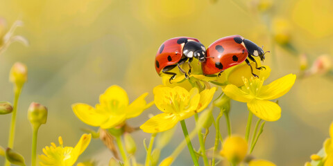 Naklejka premium Ladybugs on a yellow flower in a spring garden